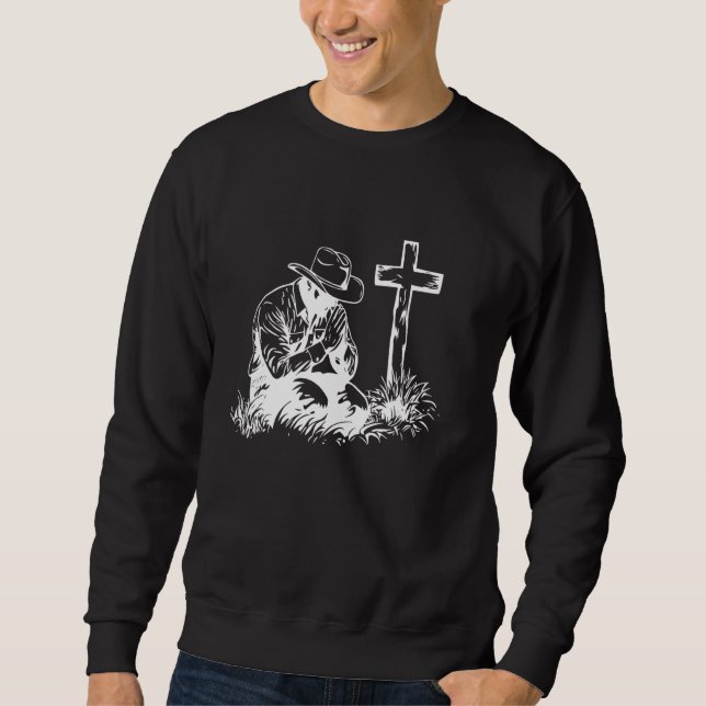 Kowboy Kneeling Kor Western Bible Jesus Lång Ärmad Tröja (Framsida)