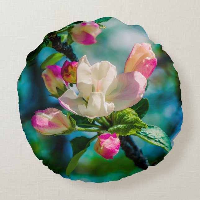 Krabapple-blommor och -knoppar rund kudde (Baksidan)