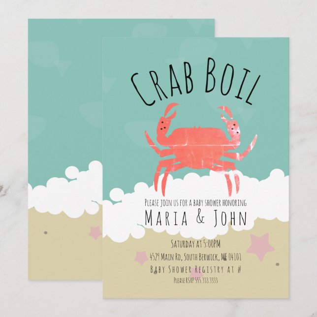 Krabb Boil Fest Babykalas Strand Inbjudan (Fram/baksida)