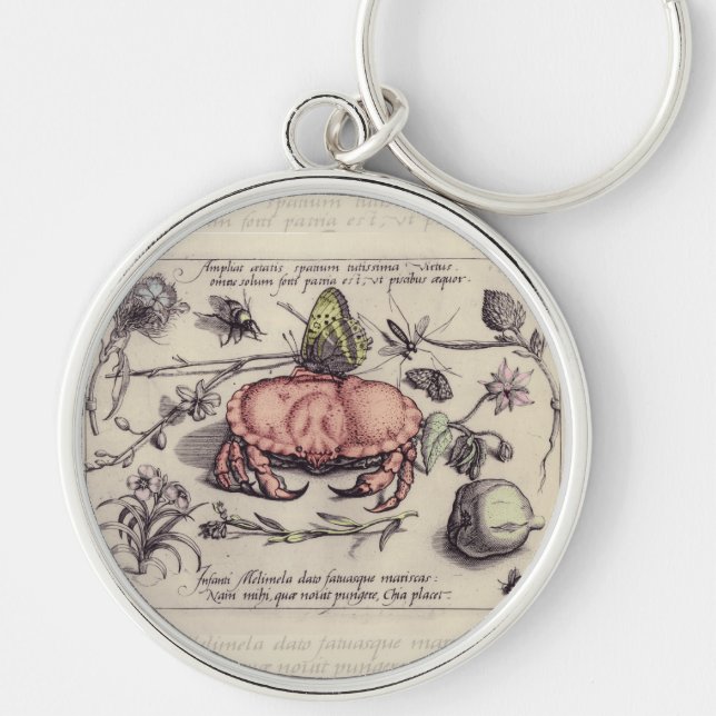 Krabb Botanisk Insekt Blomm Illustration Rund Silverfärgad Nyckelring (Framsidan)