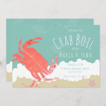 Krabb kokning fest sand havsvågor inbjudan