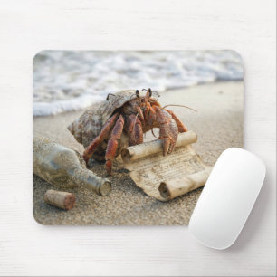Krabba läser ett brev på en strand musmatta
