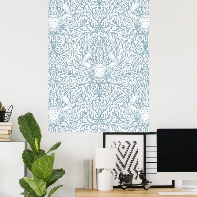 Krabba och havets ogräs, kustsommar i vitt och fri poster (Hemmakontoret)