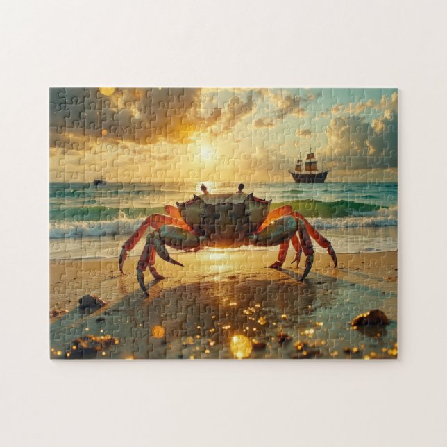 krabba på stranden vid solnedgång pussel (Horisontell)