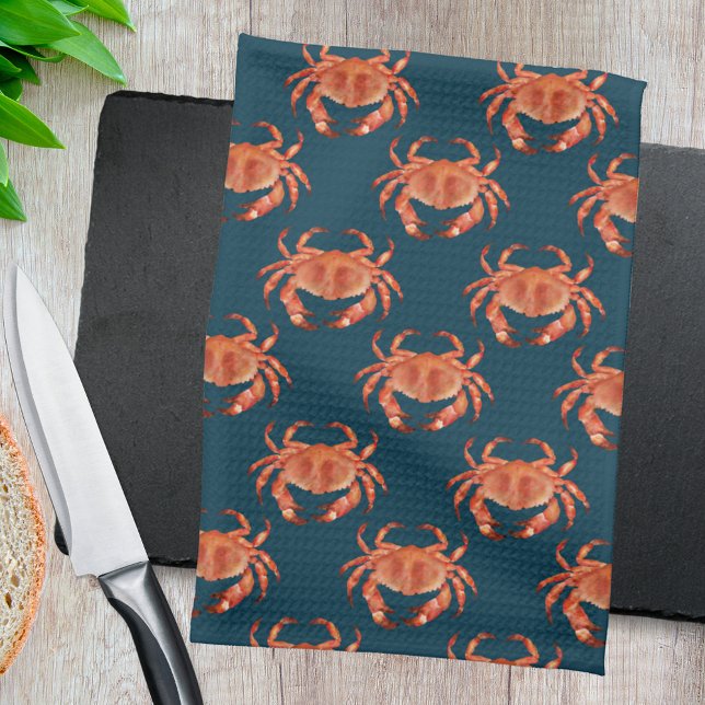 Krabbar Strandmönster Kökshandduk (Brown crab on navy crustacean kitchen towel)