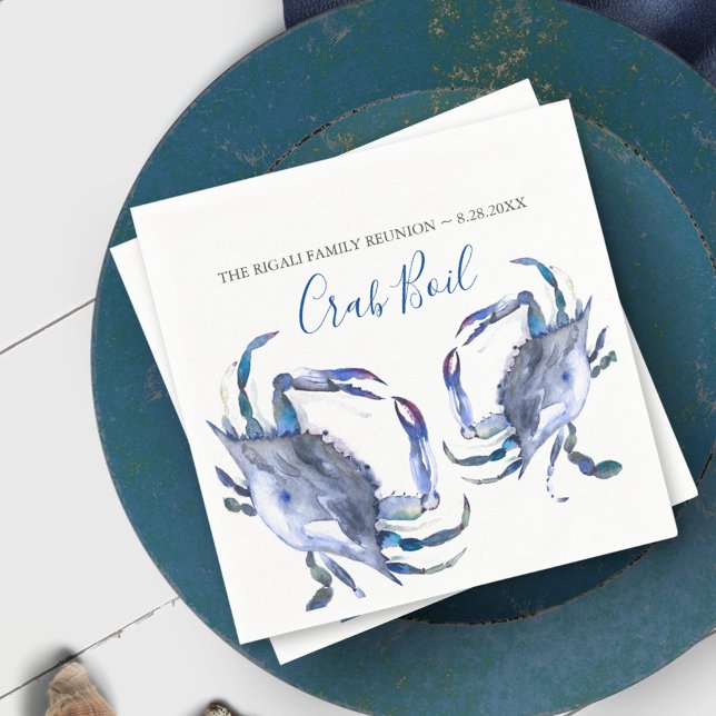 Krabbavkokning Personlig Kustvattenfärg Pappersservett (Crab napkins for seafood or ocean party theme. Original watercolor art by Victoria Grigaliunas)