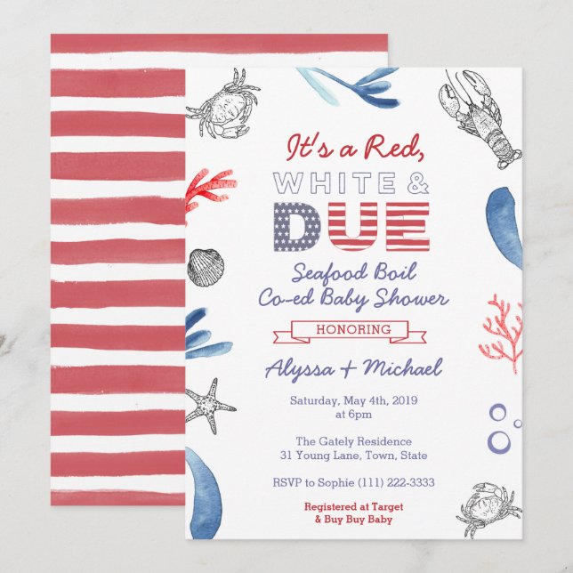 Krabbbo Babykalas, Rött Vitt och Blått på Gång Inbjudningar (Fram/baksida)