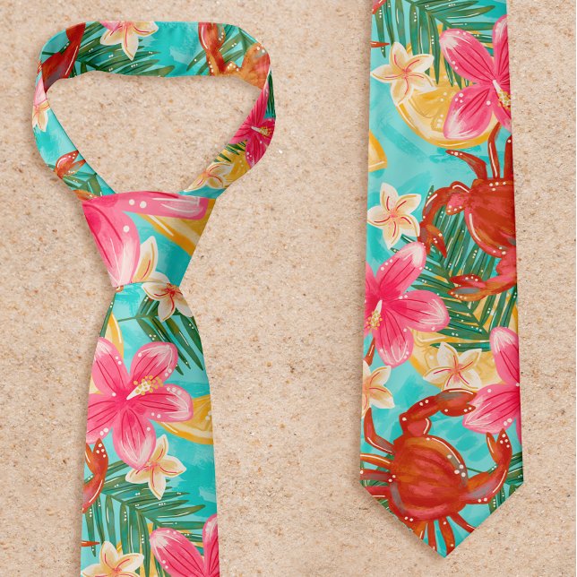 Krabbor Citroner Hibiskus Handritat Tropiskt Mönst Slips (Skapare uppladdad)