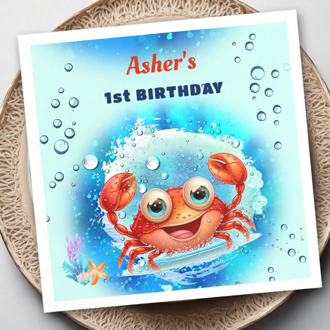Krabbturkos 1:a födelsedag Bassäng Party Anpassnin Pappersservett (Crab Turquoise 1st Birthday Pool Party Custom Age Napkins)