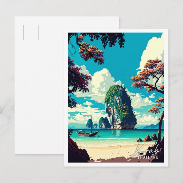 Krabi Thailand vintage resor illustration Vykort (Fram/baksida)