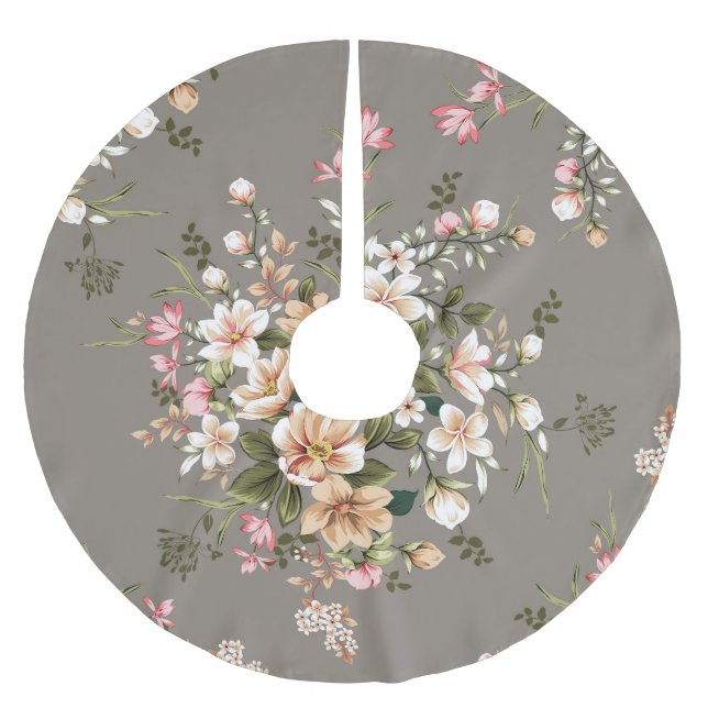Kräda, rosa blommor på grått. julgransmatta borstad polyester (Framsidan)