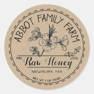 Kraft Apple Blommar Raw Local Honung Label Rustic Runt Klistermärke