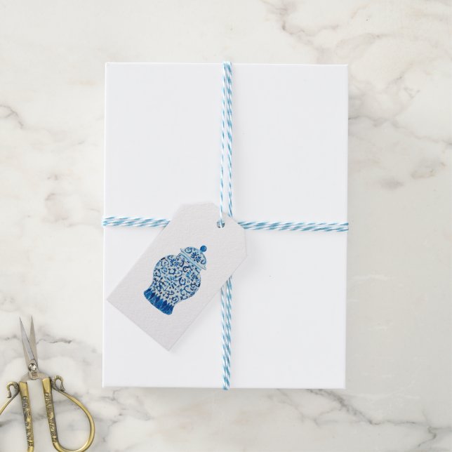 Kraft Blue Chinoiserie Ginger Burk Burk Gift Märkr Presentetikett (Med Snöre)