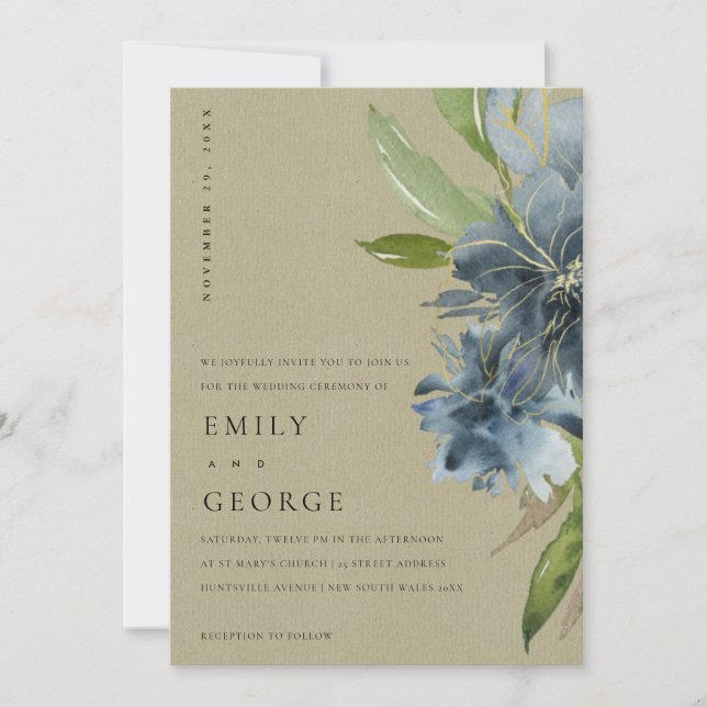KRAFT BLUE GRÖNT GULD BLOMMIGT WEDDING INVITE TACK KORT (Framsida)