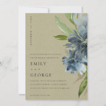 KRAFT BLUE GRÖNT GULD BLOMMIGT WEDDING INVITE