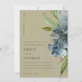 KRAFT BLUE GRÖNT GULD BLOMMIGT WEDDING INVITE TACK KORT