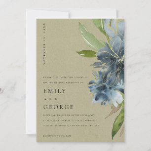 KRAFT BLUE GRÖNT GULD BLOMMIGT WEDDING INVITE TACK KORT