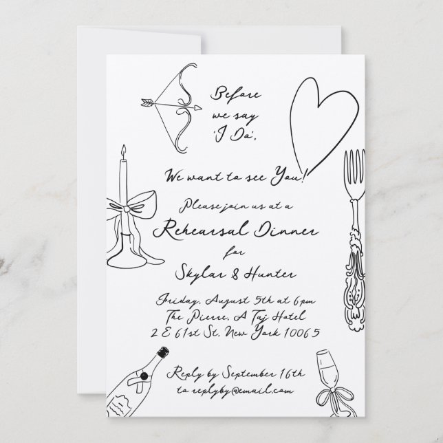 Kraft Boho Black Doodle Retro Rehearsal Dinner Inbjudningar (Framsida)