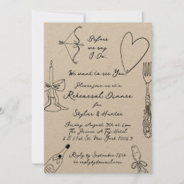 Kraft Boho Black Doodle Retro Rehearsal Dinner Inbjudningar