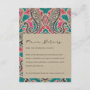 KRAFT BOHO TRIBAL IKAT ROSA TEAL BRÖLLOP DETAILS E TILLÄGGSKORT