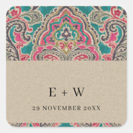 KRAFT BOHO TRIBAL IKAT ROSA TEAL MONOGRAM BRÖLLOP FYRKANTIGT KLISTERMÄRKE