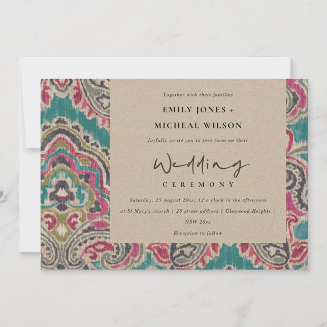 KRAFT BOHO TRIBAL IKAT ROSA TEAL WEDDING INVITE TACK KORT (Framsida)