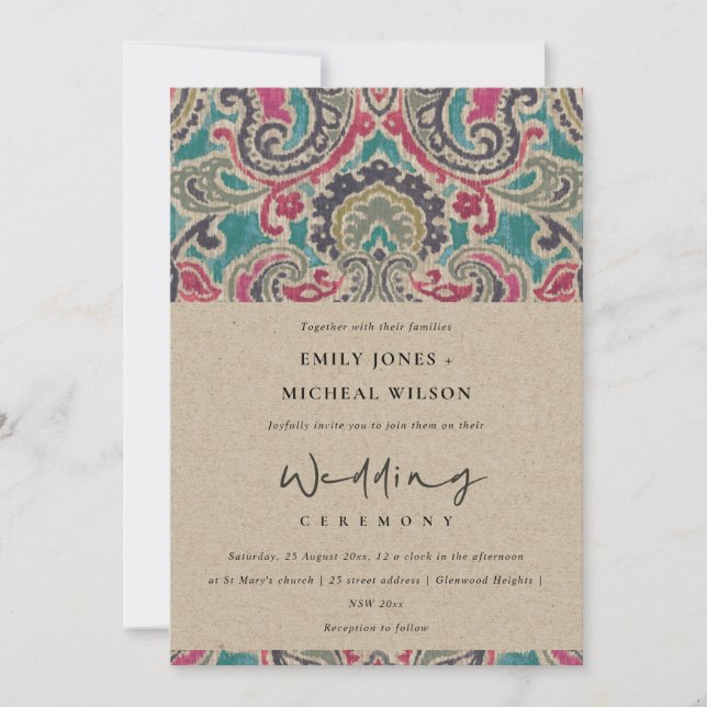 KRAFT BOHO TRIBAL IKAT ROSA TEAL WEDDING INVITE TACK KORT (Framsida)