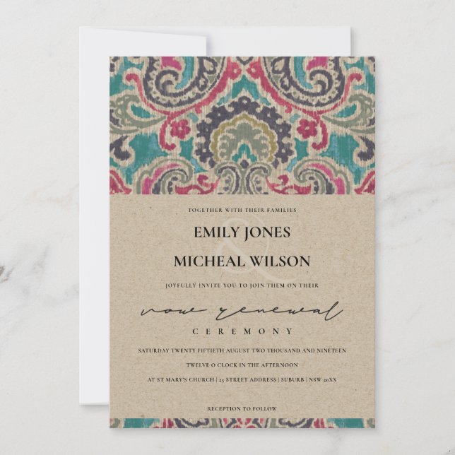 KRAFT BOHO TRIBAL IKAT ROSA VOW RENEWAL INBJUDAN (Framsida)