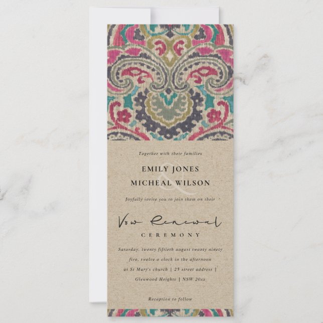 KRAFT BOHO TRIBAL IKAT ROSA VOW RENEWAL INVIVITION INBJUDNINGAR (Framsida)