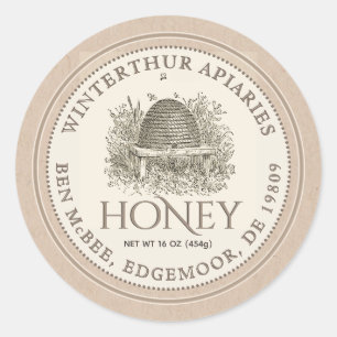 Kraft Borderade Honung Burk-etikett (Vintage Skep) Runt Klistermärke