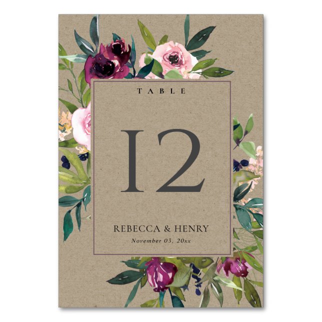 KRAFT BRIGHT  BURGUNDY BLOMMIGT BUNCH BRÖLLOP BORDSNUMMER (Framsidan)