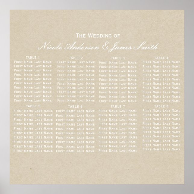 Kraft Brun Rustik Modern Bröllopsplatskarta Poster (Framsidan)