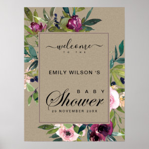 KRAFT BURGUNDY BLOMMIGT BABY SHOWER WELCOME POSTER