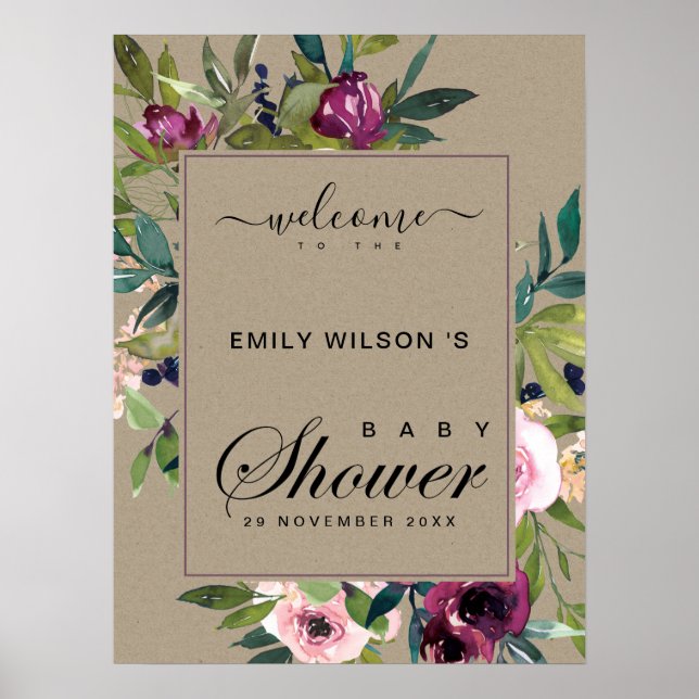 KRAFT  BURGUNDY BLOMMIGT BABY SHOWER WELCOME POSTER (Framsidan)