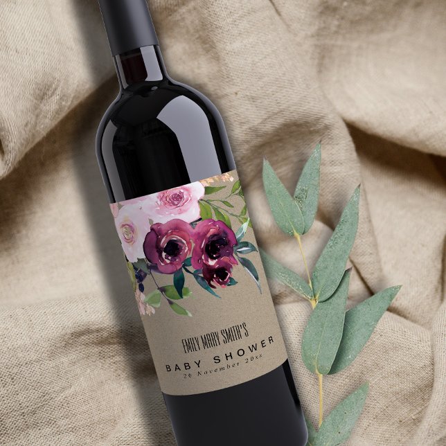 KRAFT  BURGUNDY BLOMMIGT BUNCH BABY SHOWER VINFLASKA ETIKETT (Skapare uppladdad)