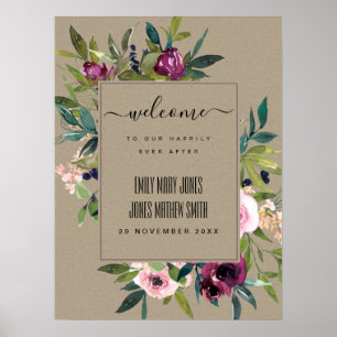 KRAFT BURGUNDY BLOMMIGT BUNCH BRÖLLOP WELCOME POSTER