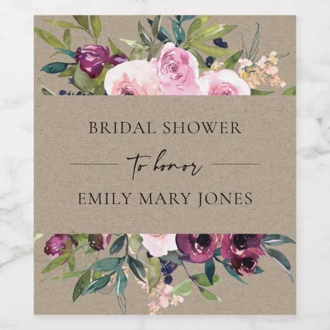 KRAFT  BURGUNDY BLOMMIGT BUNCH MÖHIPPA VINFLASKA ETIKETT (Singel etikett)