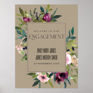 KRAFT BURGUNDY BLOMMIGT FÖRLOVNING WELCOME POSTER