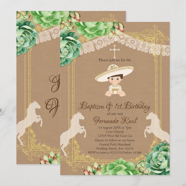 Kraft Cactus Fiesta Baptism och första födelsedags Inbjudningar (Fram/baksida)