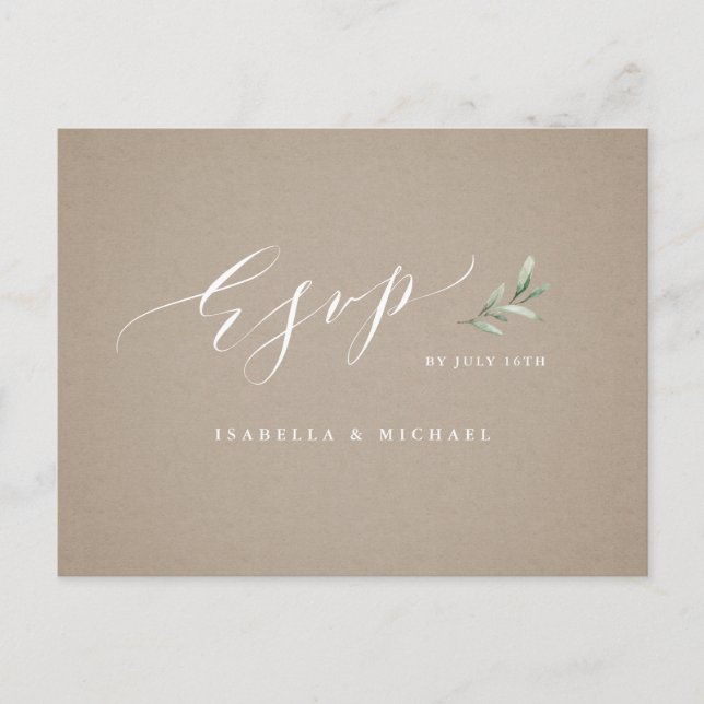 Kraft calligraphy rustic greenery bröllop OSA Inbjudan Vykort (Framsida)