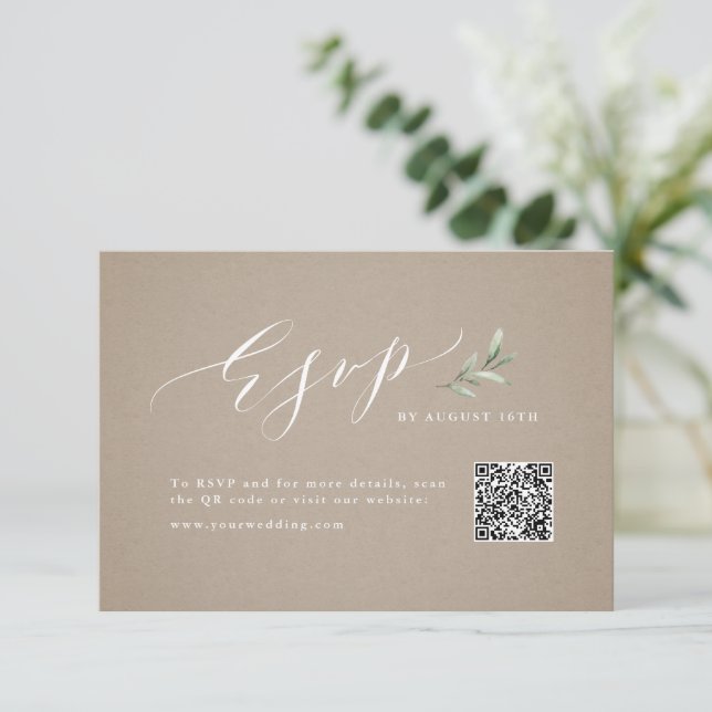 Kraft calligraphy rustic greenery bröllop QR-kod OSA Kort (Stående Fram)