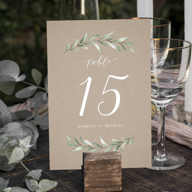 Kraft enkel calligraphy rustic grey bröllop bordsnummer (Kraft simple calligraphy rustic greenery wedding table number)