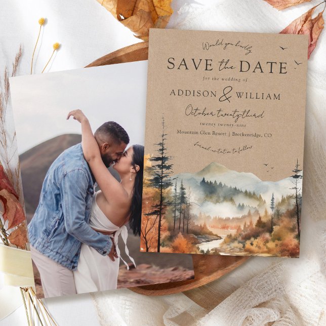 Kraft Fall Watercolor Berg Boho Foto Bröllop Spara Datumet (Brown rustic kraft Fall colors watercolor mountain landscape modern photo wedding save the date card)