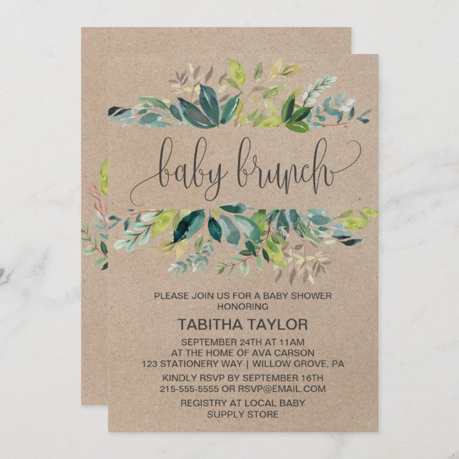 Kraft Foliage Baby Brunch Inbjudningar (Fram/baksida)