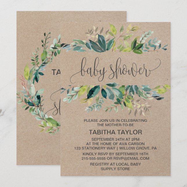 Kraft Foliage Baby Shower Inbjudningar (Fram/baksida)