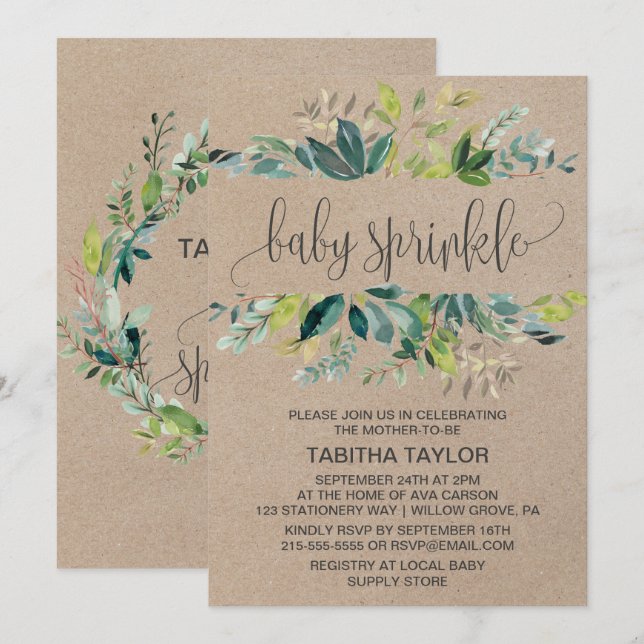 Kraft Foliage Baby Sprinkle Inbjudningar (Fram/baksida)