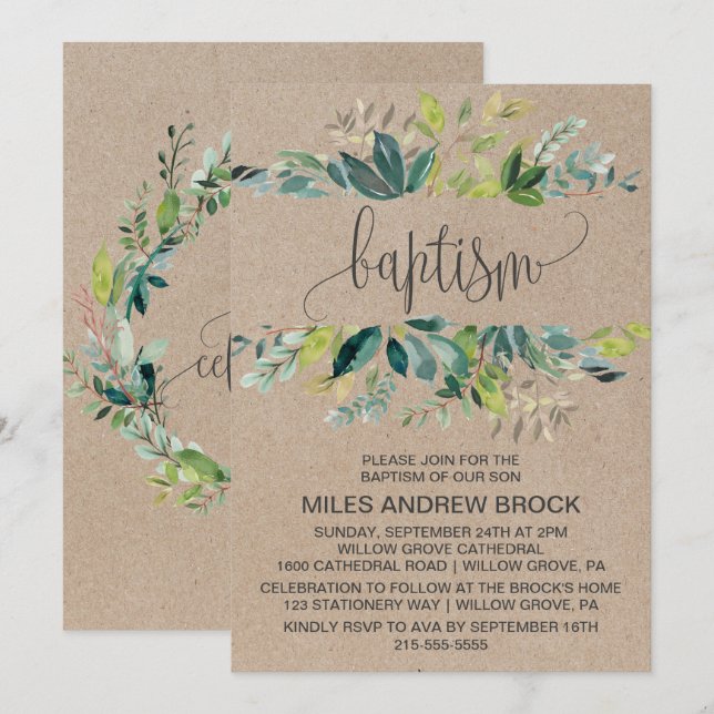 Kraft Foliage Baptism Inbjudningar (Fram/baksida)