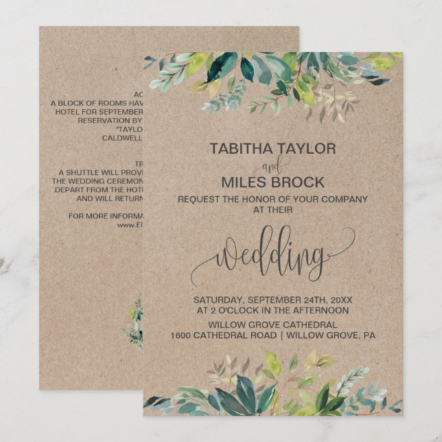 Kraft Foliage | Monogram och detaljer för säkerhet Inbjudningar (Fram/baksida)