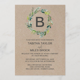 Kraft Foliage Monogram Wandan Bröllop Inbjudningar
