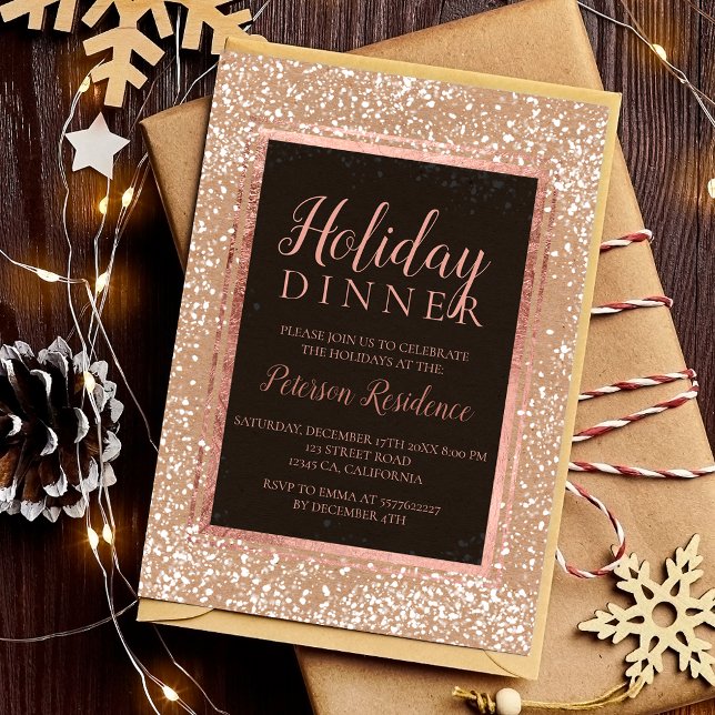Kraft från snö julfest i ro guld inbjudningar (Rose gold typography snow holiday party kraft invitation)